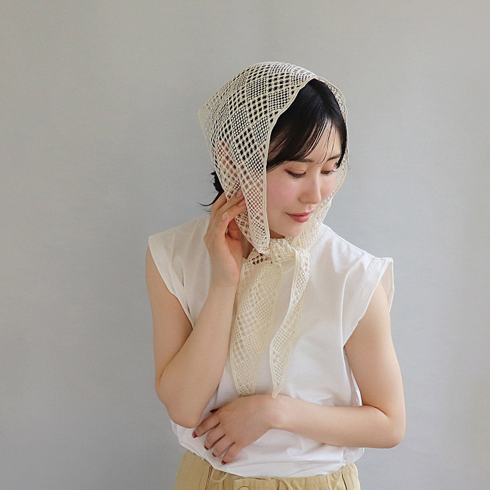ヘッドスカーフ クロスライン ブロック 柄 レース かぎ編み シアー バブーシュカ