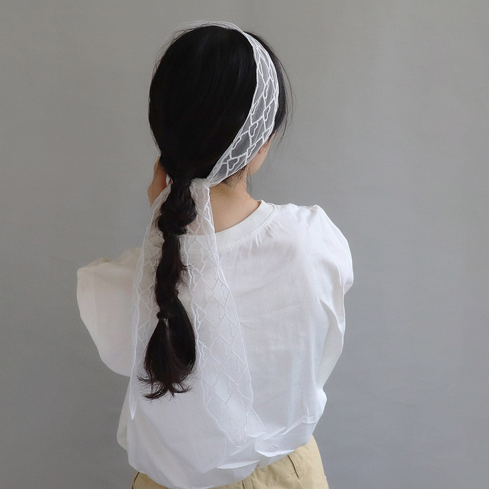 ボウタイスカーフ ヘッドドレス ハート 柄 総レース シアー リボン ヘアバンド