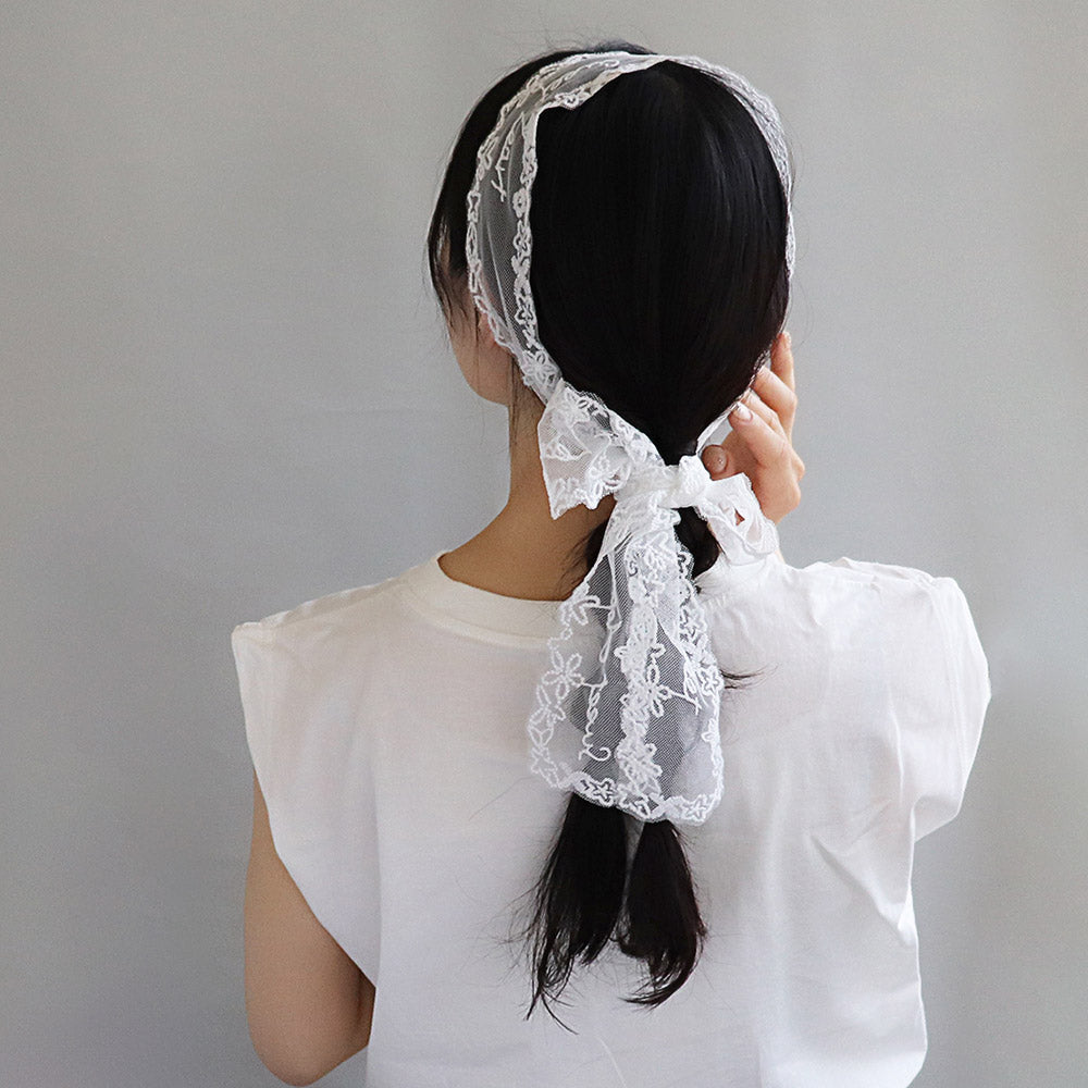 ボウタイスカーフ ヘッドドレス フラワー ハート 柄 総レース シアー リボン ヘアバンド