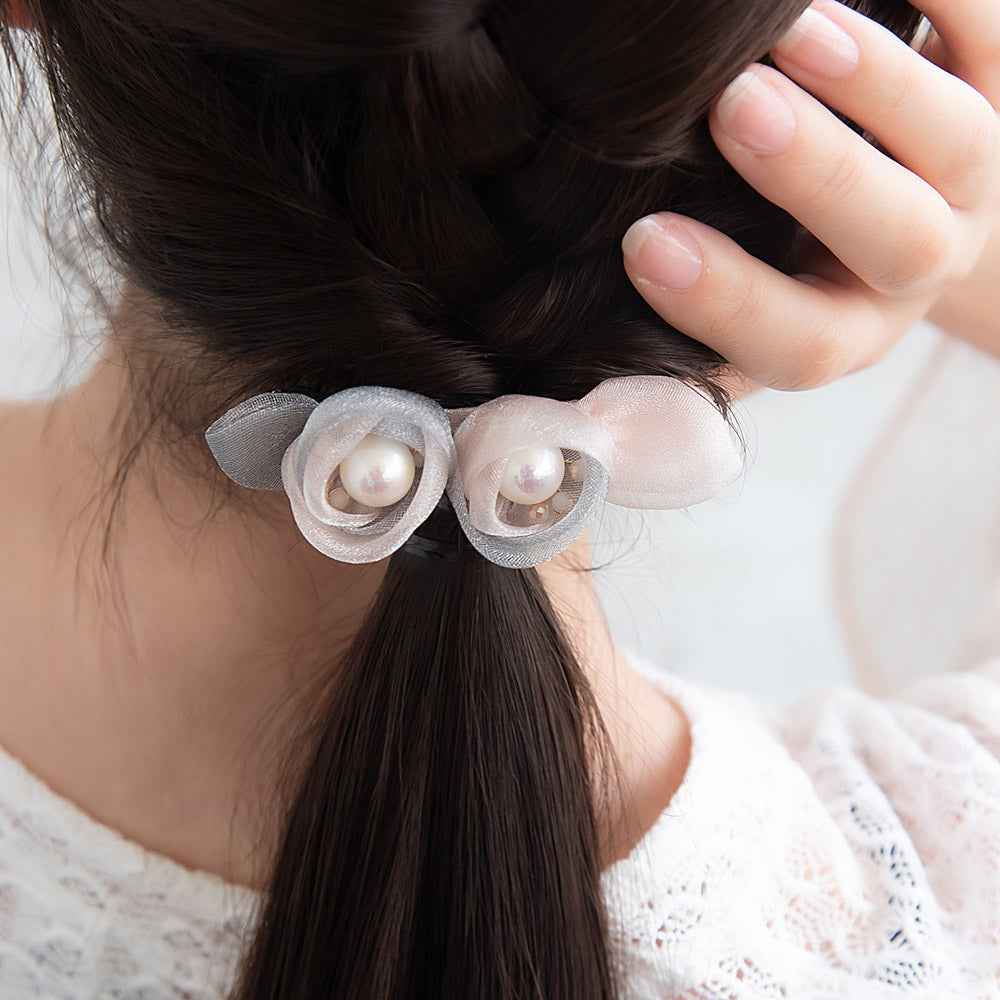 バレッタ ダブル フラワー チュール パール カラー ビーズ すべり止め付き