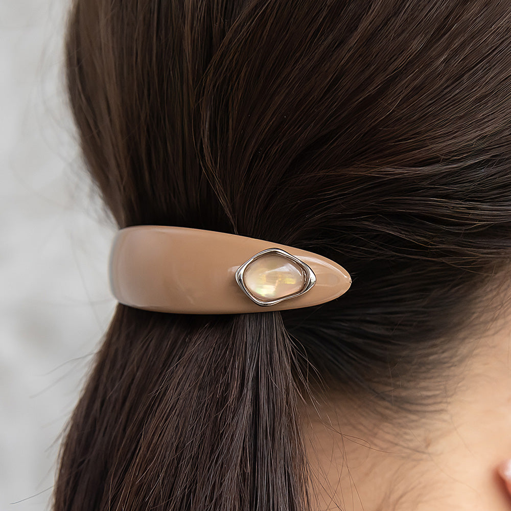 バレッタ オーバル カーブ プレート メタル フレーム ストーン