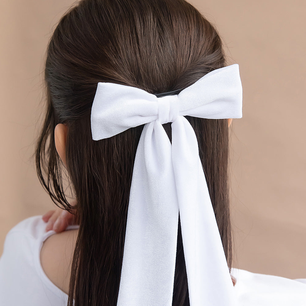 バレッタ ホワイト ベロア リボン ロング