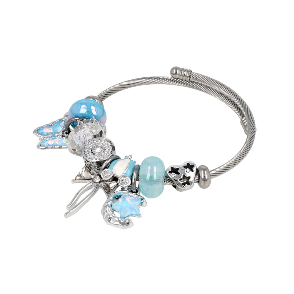 ブレスレット ステンレス メタル 蝶 月 星 リボン パヴェ ストーン チャーム ワイヤーブレスレット