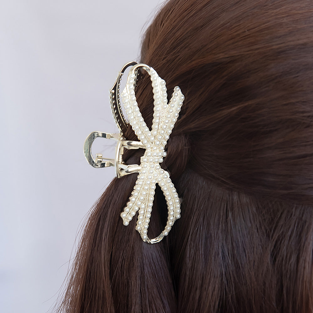 ヘアクリップ メタル ストーン パール リボン バンスクリップ