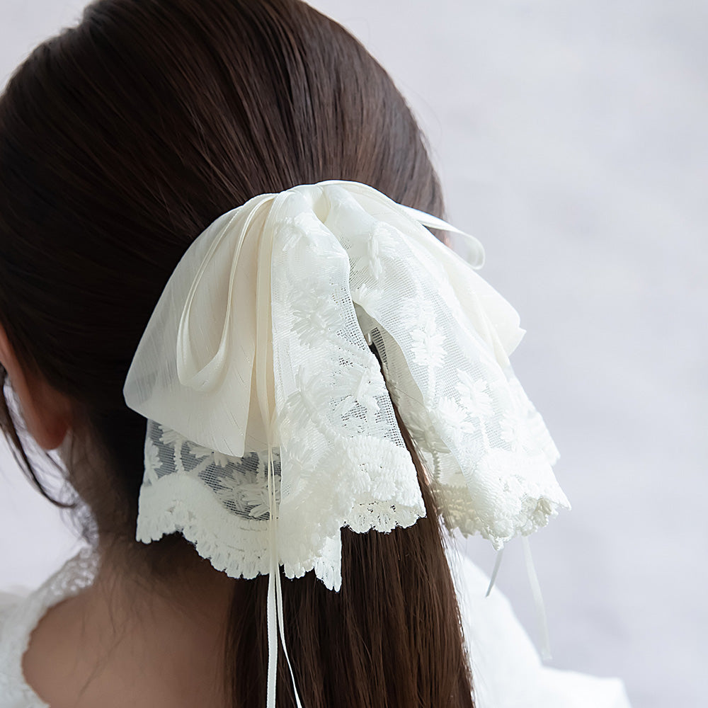 ヘアクリップ シアー シマー レース リボン モノトーン カラー バンスクリップ