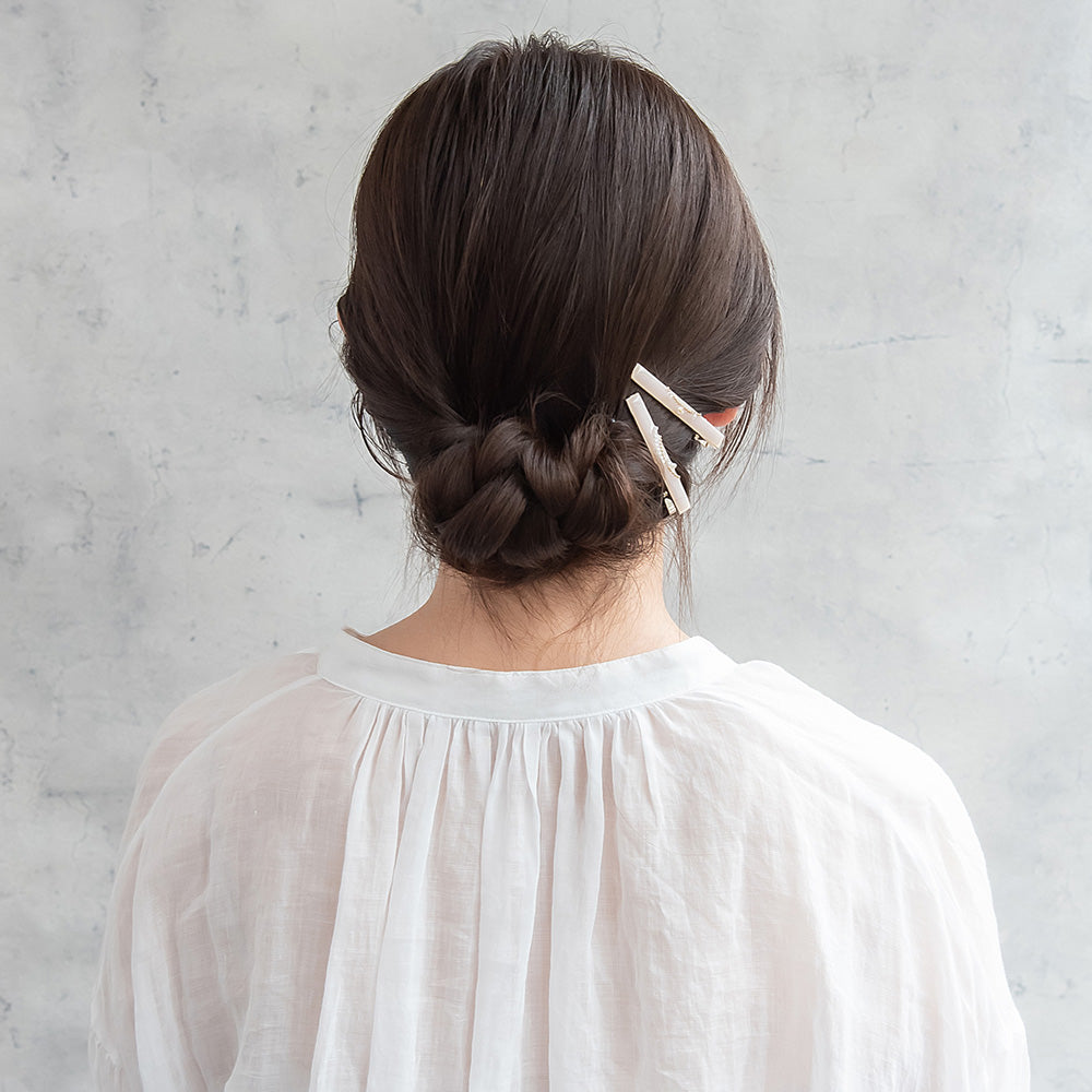 ヘアクリップ NOUVE. レクタングル フラワー パール ボールチェーン カーブライン 2個セット サイドクリップ