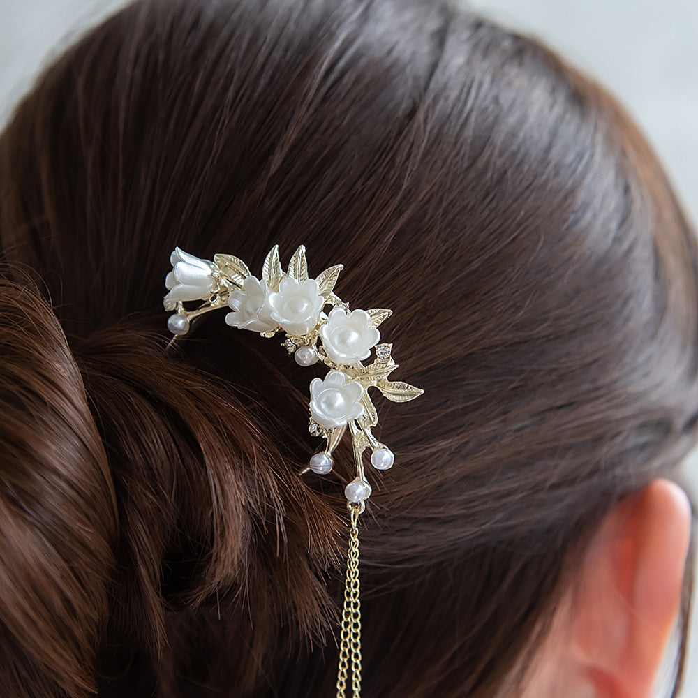 かんざし hair stick メタル フラワー パール チェーン 下がり U字