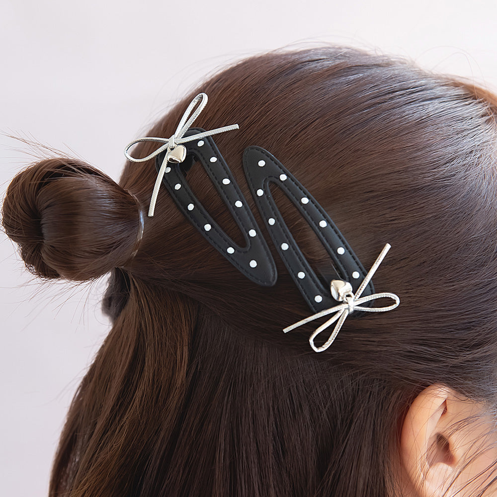 ヘアピン yura リボン メタル ハート ドット 柄 モノトーン バイカラー フェイクレザー 2個セット スリーピン