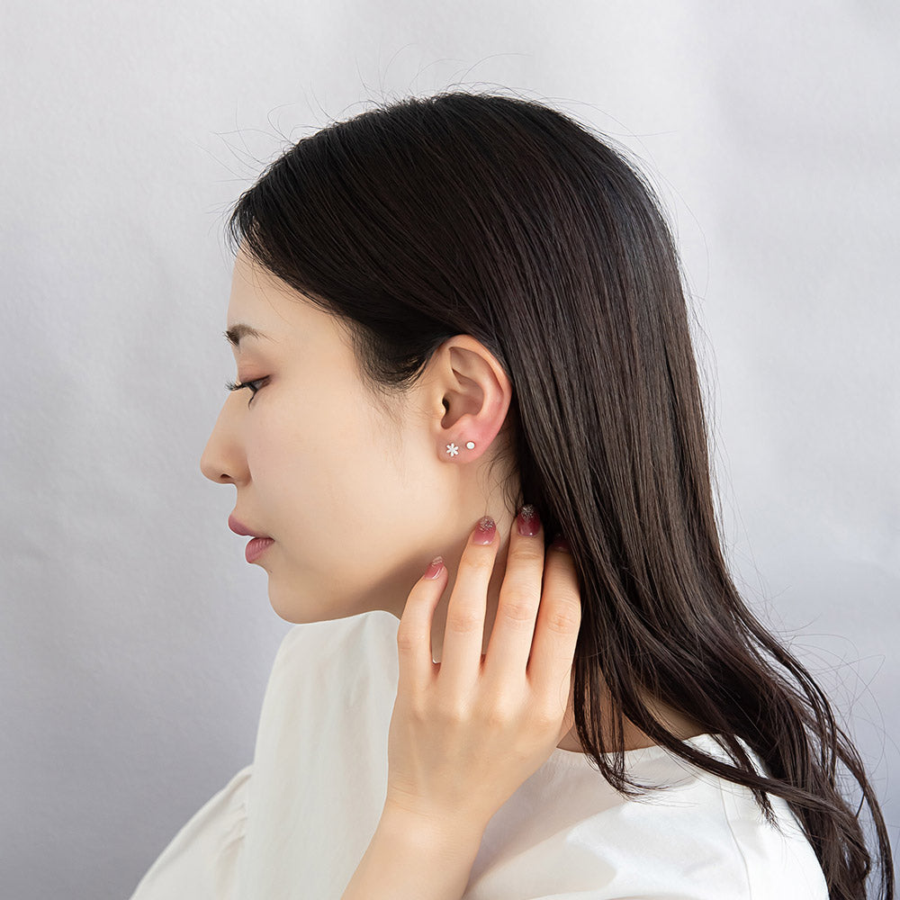 樹脂ピアス ニッケルフリー シマエナガ 鳥 小枝 雪の結晶 ストーン 4個セット スタッドピアス