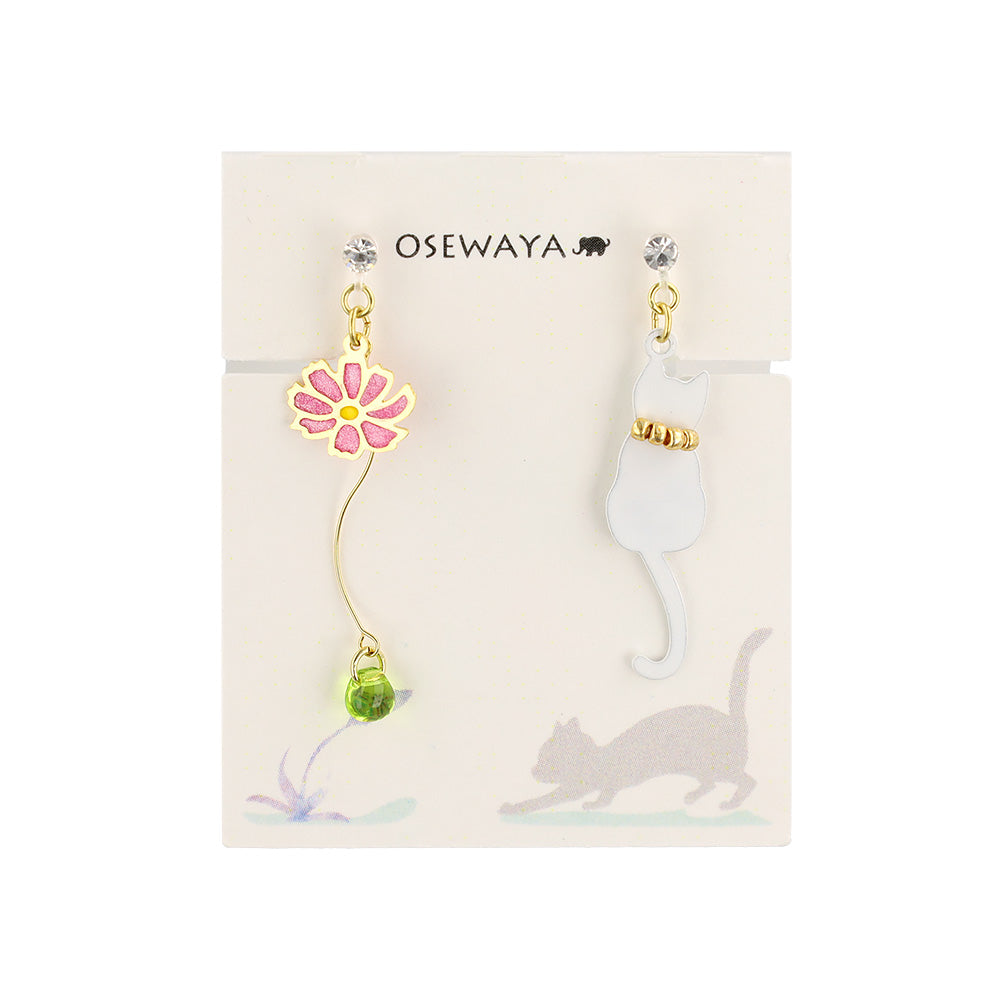 ノンホールピアス ネコ フラワー ウェーブ ドロップ イヤリング 樹脂タイプ