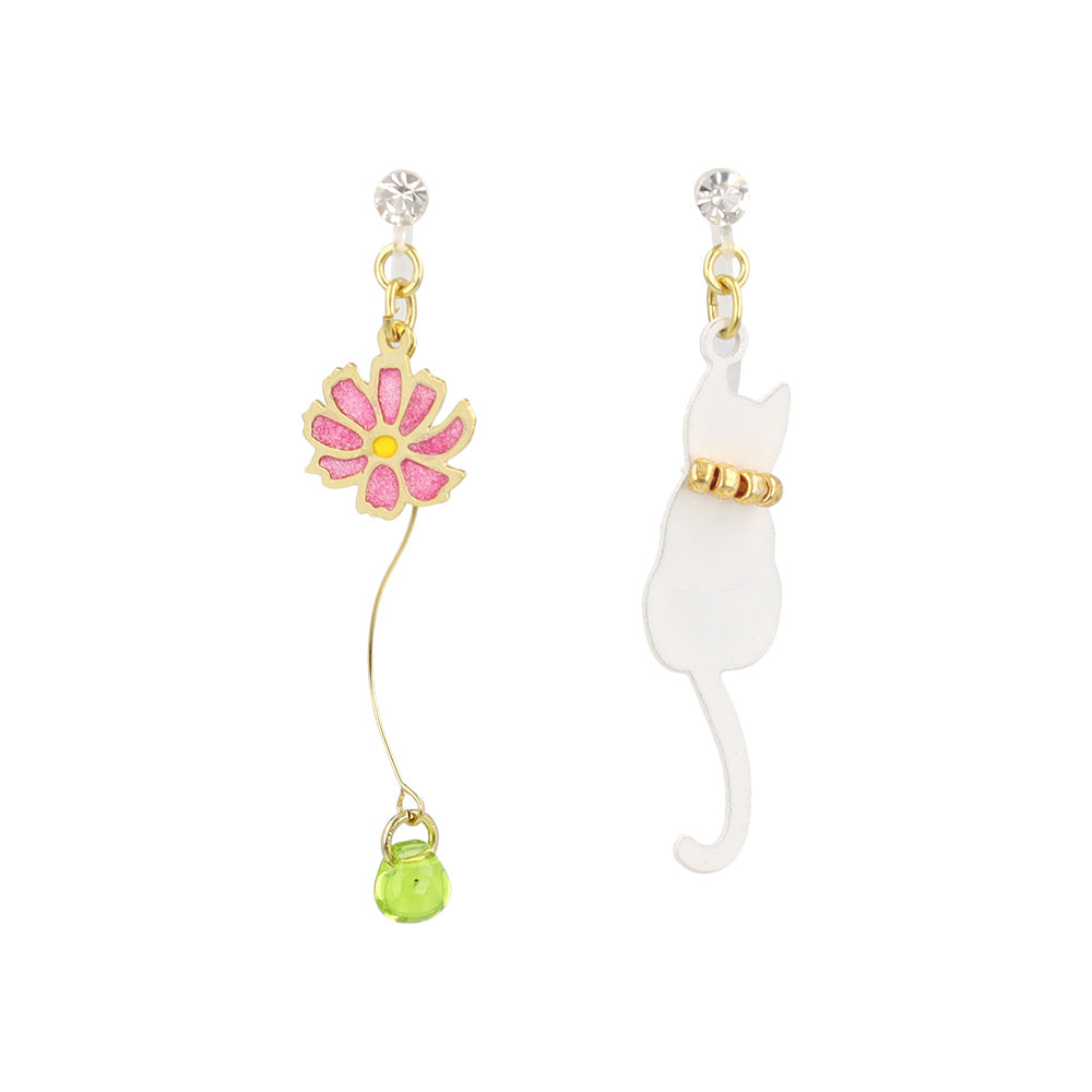 ノンホールピアス ネコ フラワー ウェーブ ドロップ イヤリング 樹脂タイプ