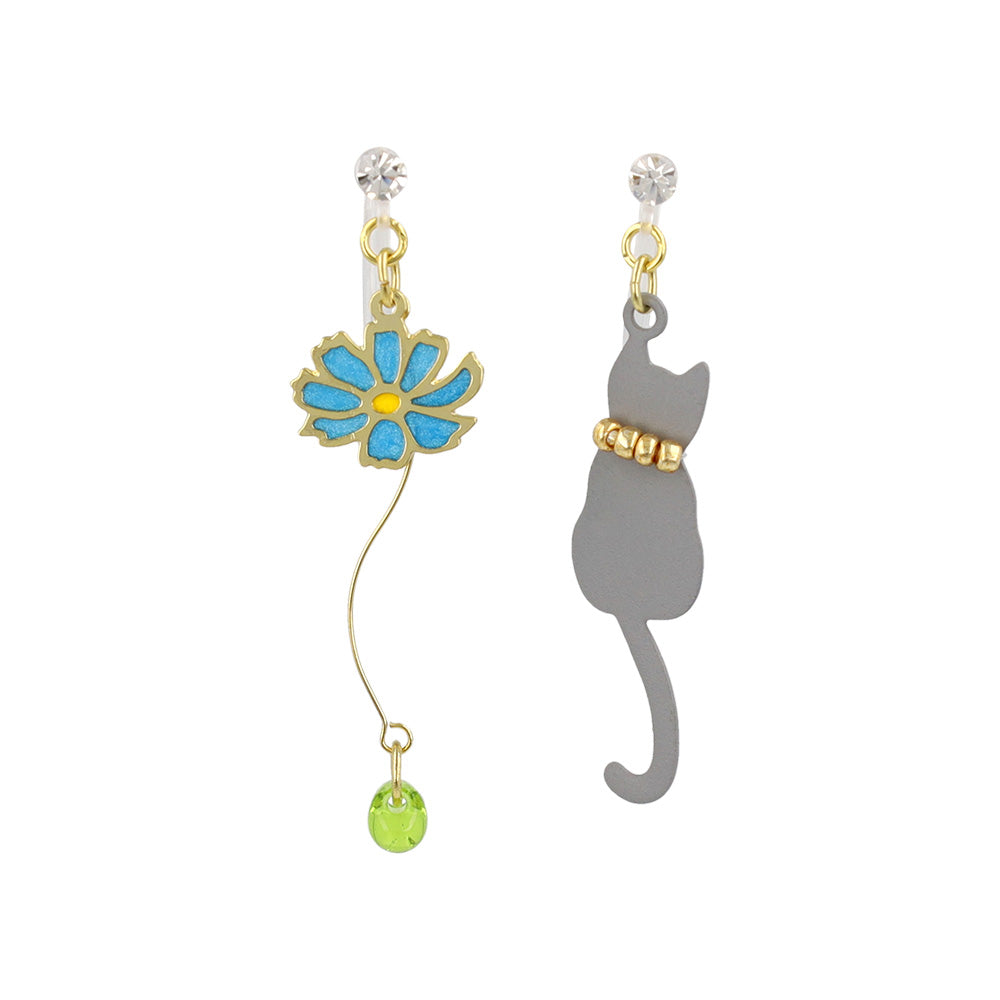 ノンホールピアス ネコ フラワー ウェーブ ドロップ イヤリング 樹脂タイプ