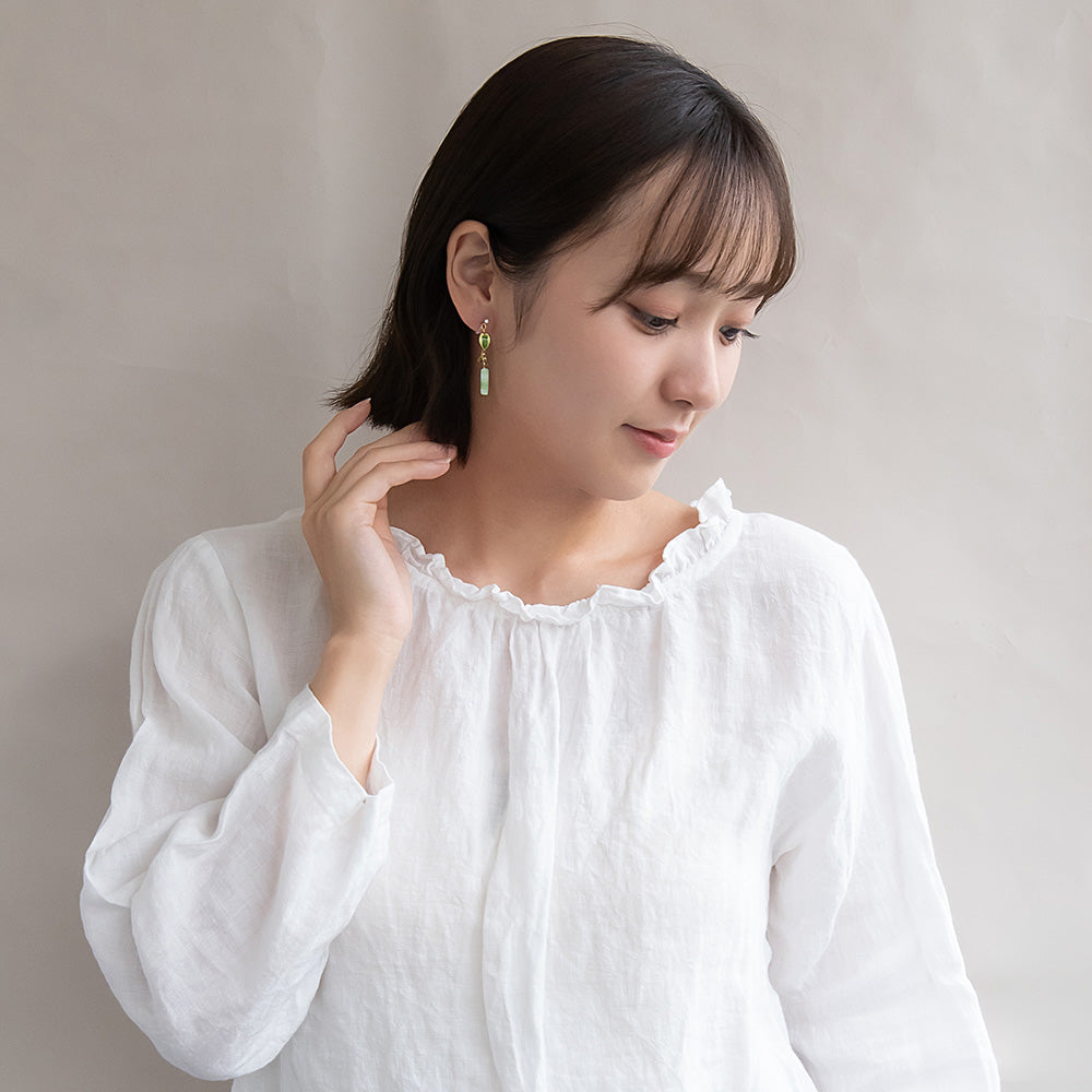 ノンホールピアス 抹茶 葉 マーブル ビーズ イヤリング 樹脂タイプ