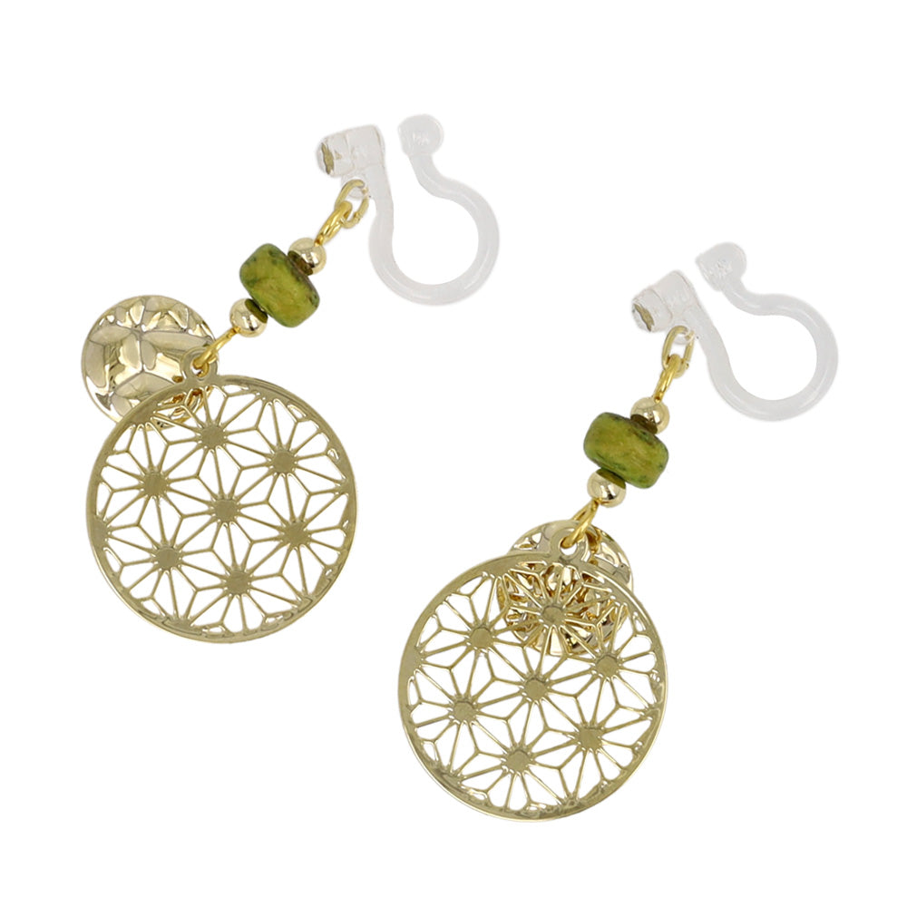 ノンホールピアス 抹茶 麻の葉文様 サークル ビーズ イヤリング 樹脂タイプ