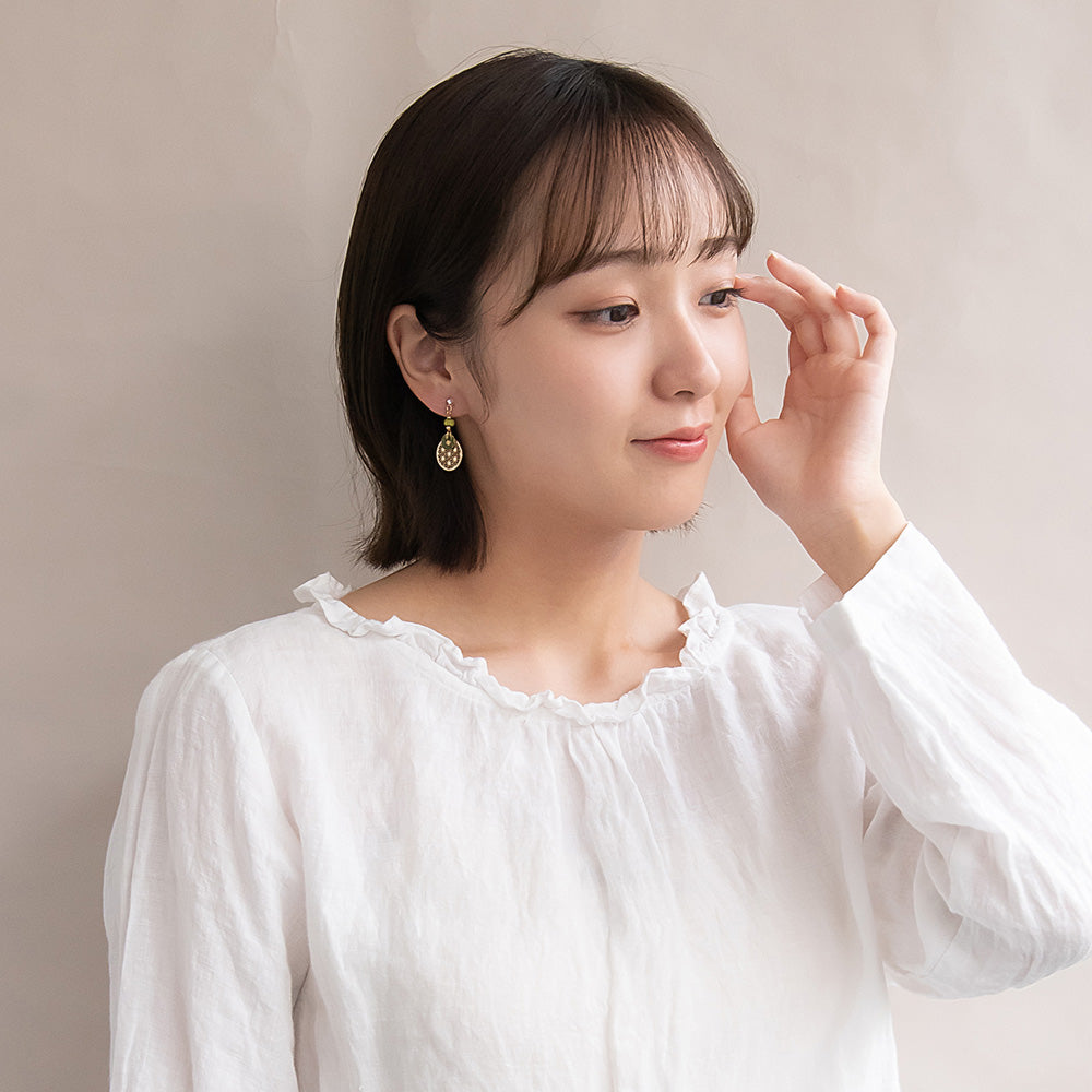 ノンホールピアス 抹茶 麻の葉文様 サークル ビーズ イヤリング 樹脂タイプ