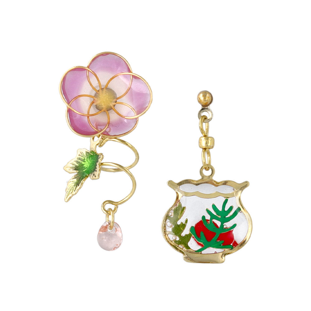 ピアス ニッケルフリー メタル 朝顔 ワイヤー フラワー 花 金魚 金魚鉢 ドロップ クリア カラー ビーズ アシンメトリー チタンポスト スタッドピアス