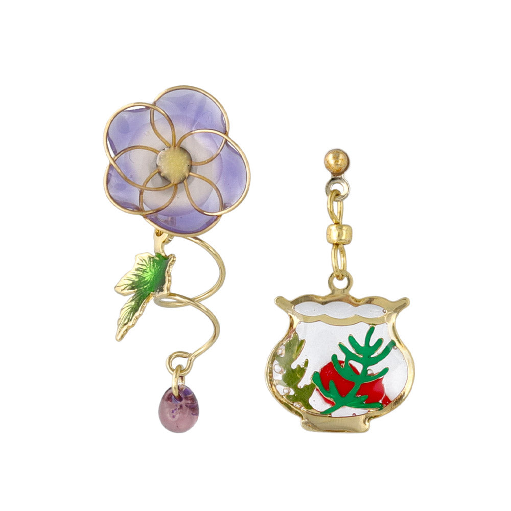 ピアス ニッケルフリー メタル 朝顔 ワイヤー フラワー 花 金魚 金魚鉢 ドロップ クリア カラー ビーズ アシンメトリー チタンポスト スタッドピアス