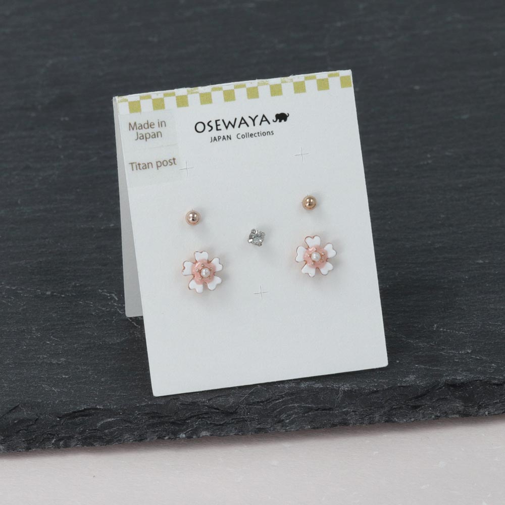ピアス メタル 桜 パール ストーン ボール 5個セット チタンポスト スタッドピアス