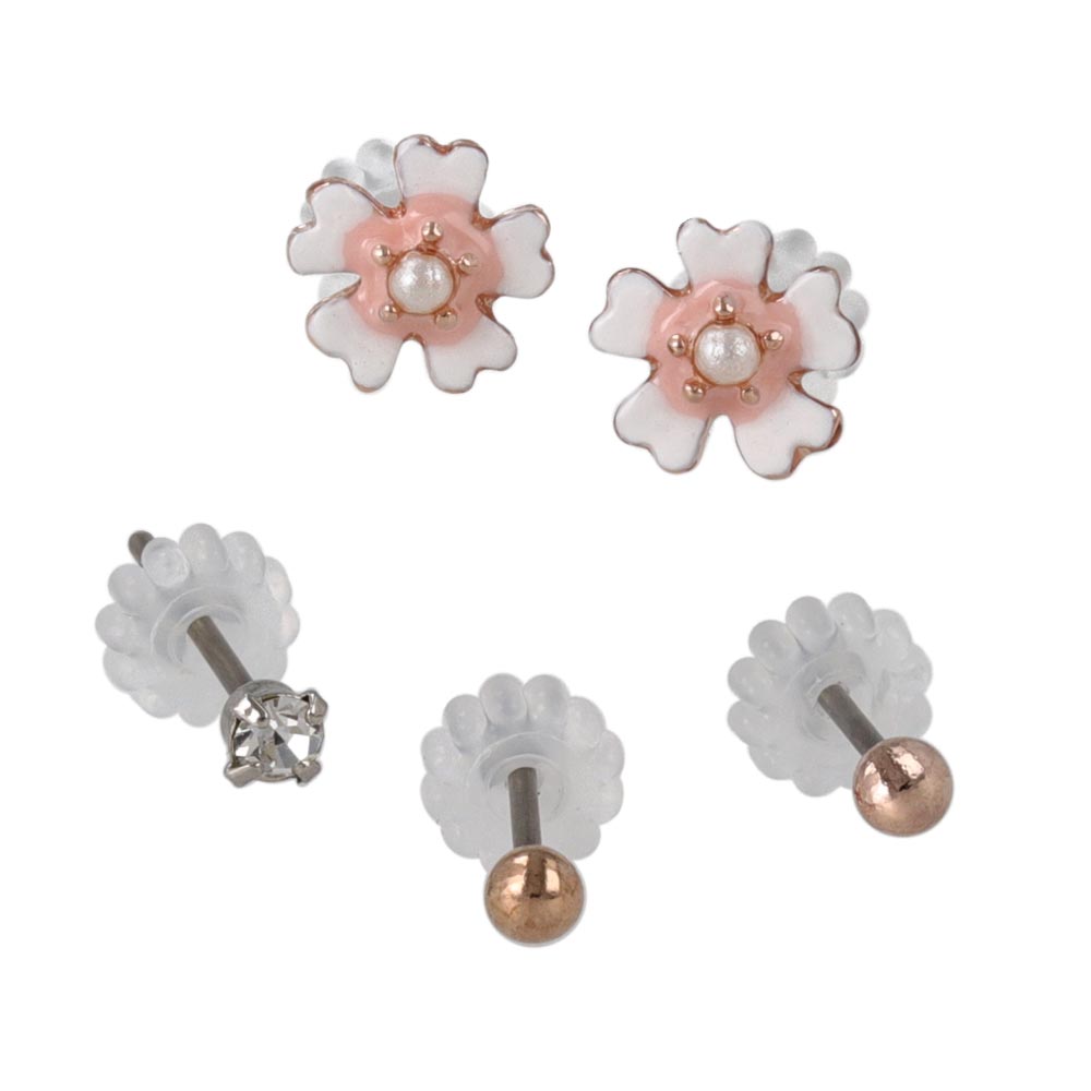 ピアス メタル 桜 パール ストーン ボール 5個セット チタンポスト スタッドピアス