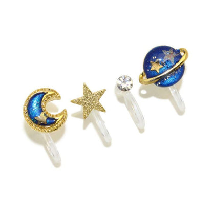 ノンホールピアス イヤリング 三日月 土星 星 ストーン 4個セット 樹脂タイプ