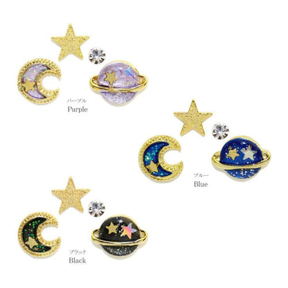 ノンホールピアス イヤリング 三日月 土星 星 ストーン 4個セット 樹脂タイプ
