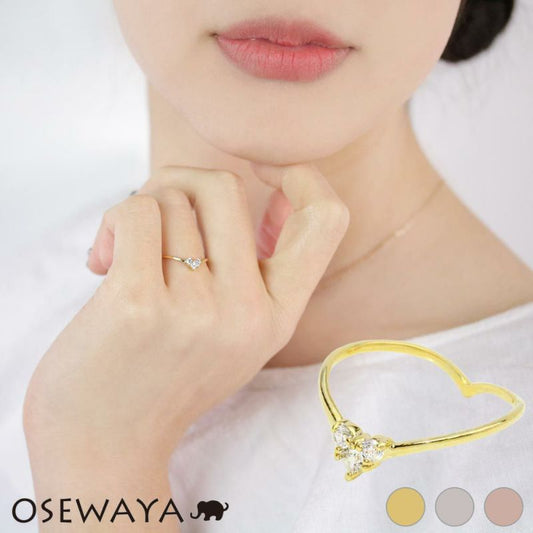 リング ニッケルフリー 3粒ストーンのハート キュービックジルコニア 1号 3号 5号 9号 11号 ピンキーリング 指輪