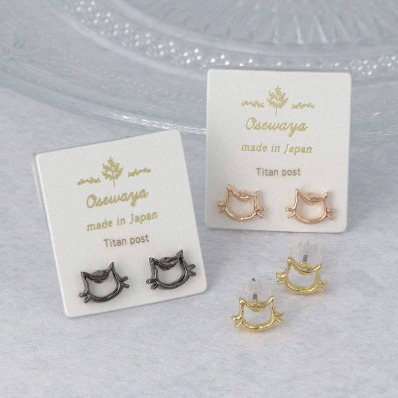 ピアス 猫 キャット フェイス シルエット メタル チタンポストピアス