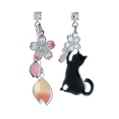 ピアス ニッケルフリー 桜 花びら じゃれる 猫 ストーン アシンメトリー チタンポスト ドロップピアス