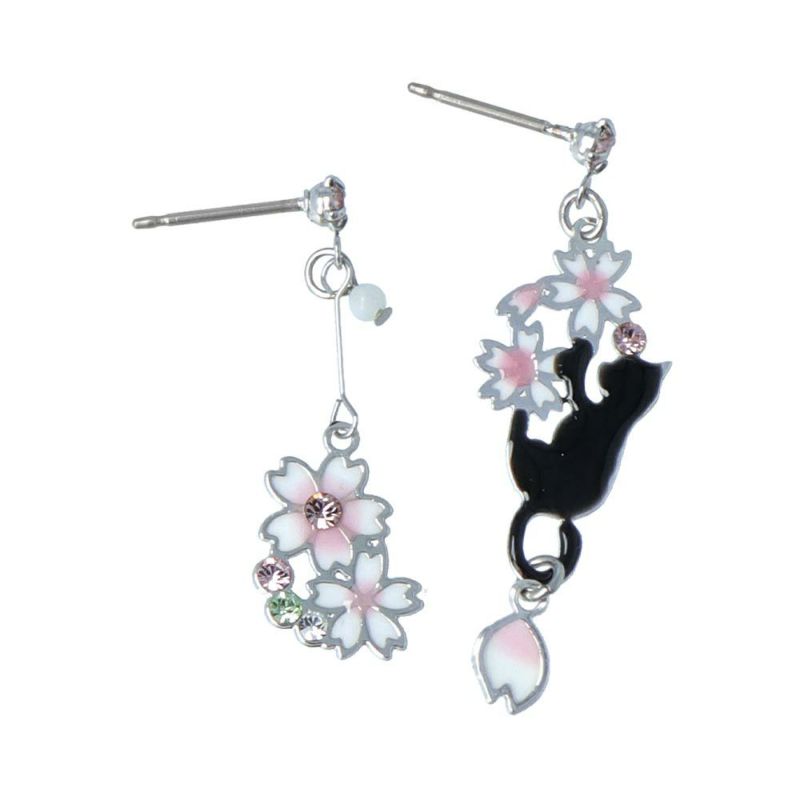 ピアス ニッケルフリー 桜 猫 ストーン チタンポスト ドロップピアス