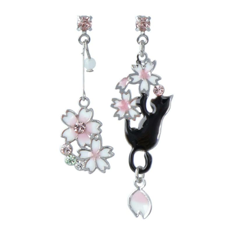 ピアス ニッケルフリー 桜 猫 ストーン チタンポスト ドロップピアス