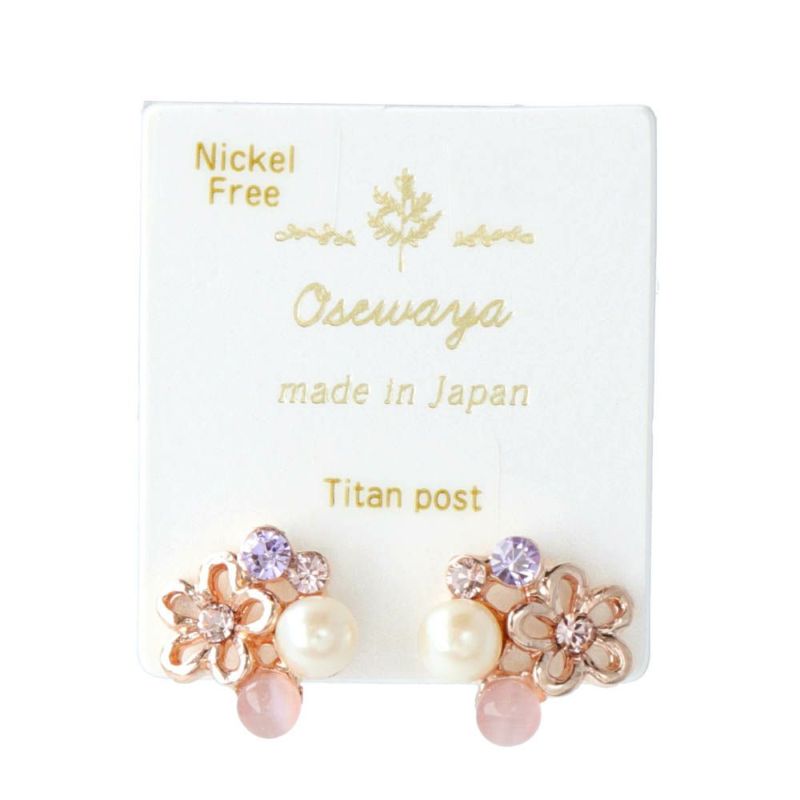 ピアス ニッケルフリー フラワー ストーン 合成キャッツアイ パール チタンポストピアス