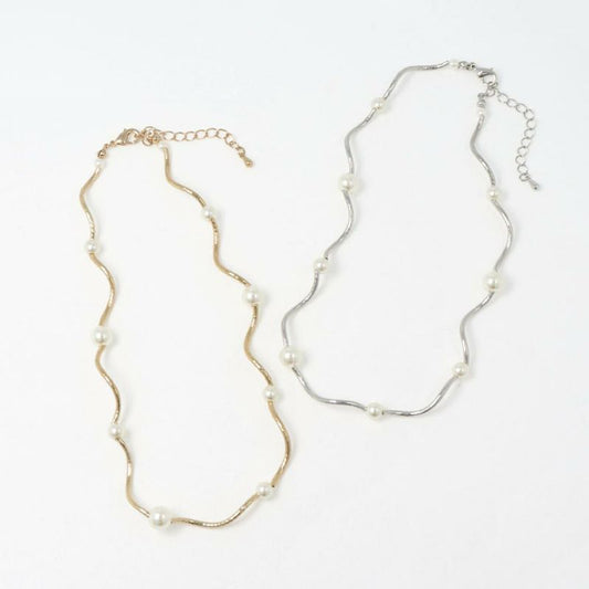 ネックレス ニッケルフリー パール メタル ウェーブ チョーカー