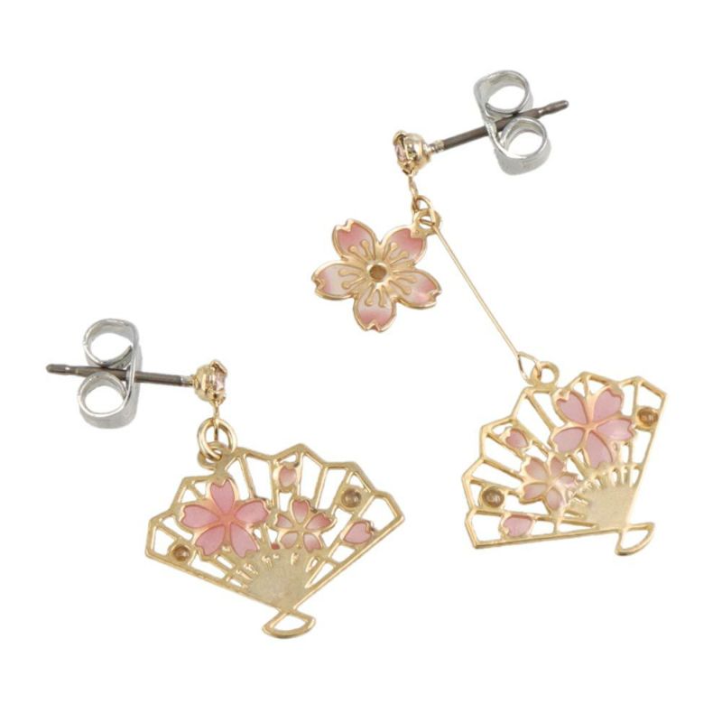 ピアス ニッケルフリー 桜 扇子 アシンメトリー チタンポスト ドロップピアス