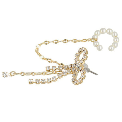 ピアス ニッケルフリー リボン ストーン パール チェーン チタンポスト イヤーラインピアス【片耳用】