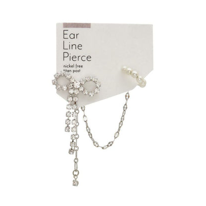 ピアス ニッケルフリー リボン ストーン パール チェーン チタンポスト イヤーラインピアス【片耳用】