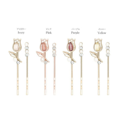 ヘアピン ニッケルフリー チューリップ フラワー メタル アクリル ストーン パール 2本セット アメピン