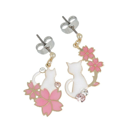 ピアス ニッケルフリー 桜 猫 ストーン アシンメトリー チタンポスト ドロップピアス