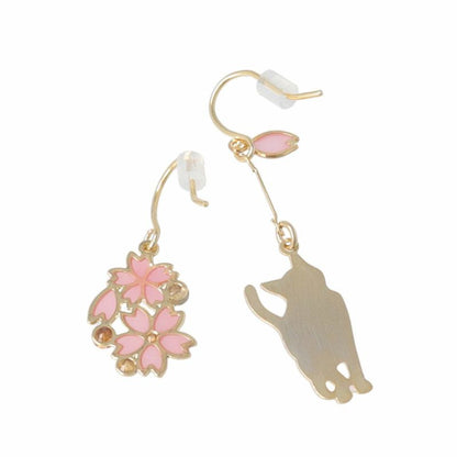 ピアス ニッケルフリー 桜 猫 ストーン アシンメトリー サージカルステンレスポスト フックピアス