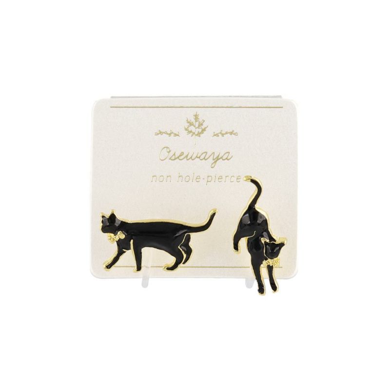 ノンホールピアス 黒猫 リボン パール イヤリング 樹脂タイプ 