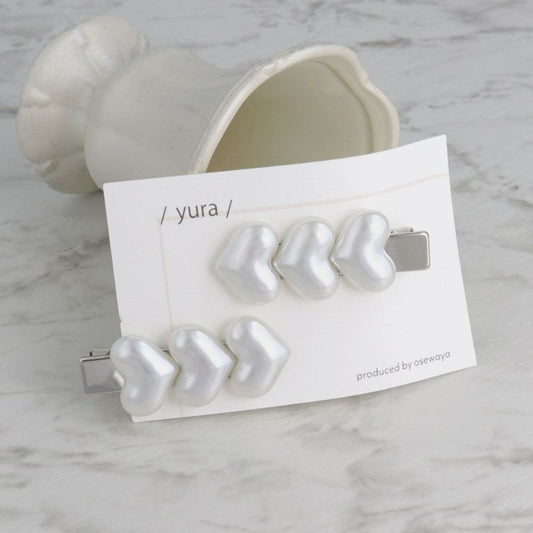 ヘアクリップ yura 3連パールハート 2個セット ミニクリップ