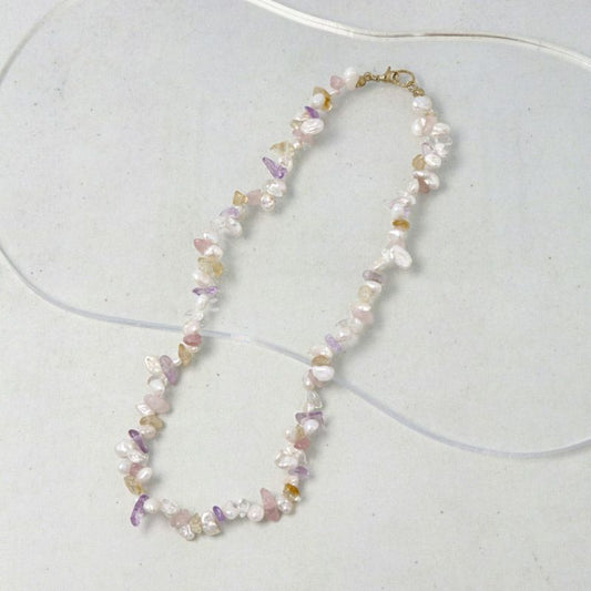 ネックレス kati バロックパール さざれ天然石(ローズクォーツ/シトリン/クリスタル/アメジスト) ショートネックレス ミニジュエリーポーチ付き