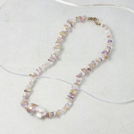 ネックレス kati オイスターバロックパール さざれ天然石(ローズクォーツ/シトリン/クリスタル/アメジスト) ショートネックレス ミニジュエリーポーチ付き