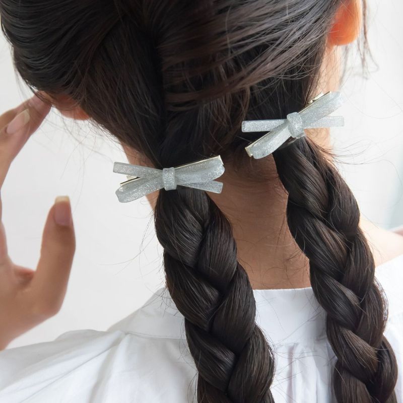 ヘアクリップ ラメ アクリル リボン 2個セット メタル ミニクリップ