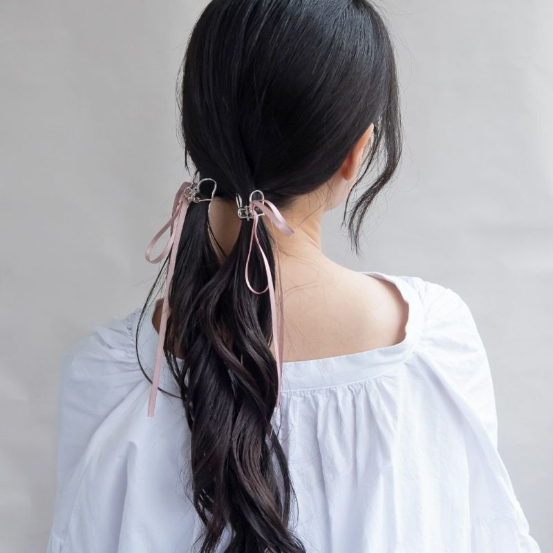 ヘアクリップ mini clip ハート メタル サテン ロング リボン 2個セット ミニバンスクリップ