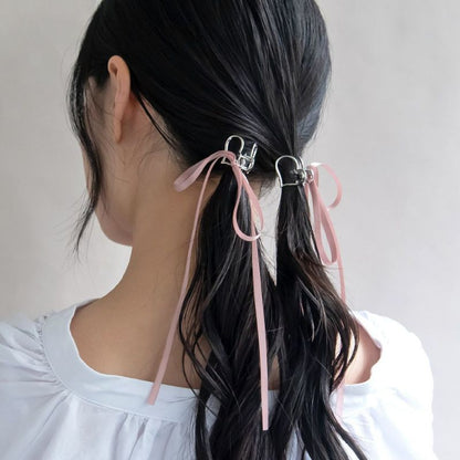 ヘアクリップ mini clip ハート メタル サテン ロング リボン 2個セット ミニバンスクリップ