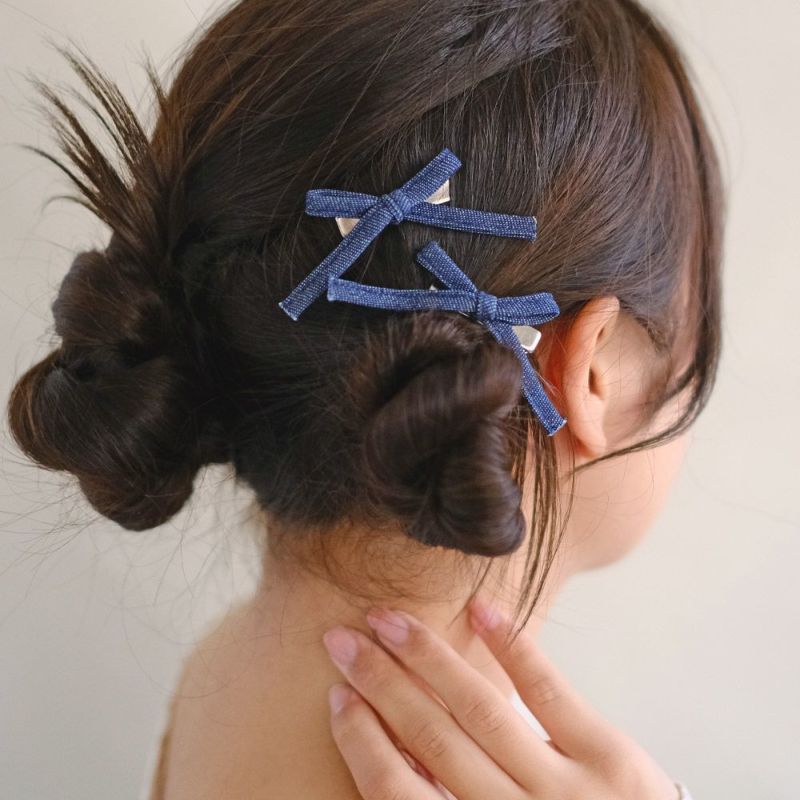 ꫛꫀꪝ【デニム風ふんわりリボン】ベビーヘアクリップ　キッズヘアクリップ　ヘアゴム ꫛꫀꪝ【デニム風ふんわりリボン】ベビーヘアクリップ キッズヘア