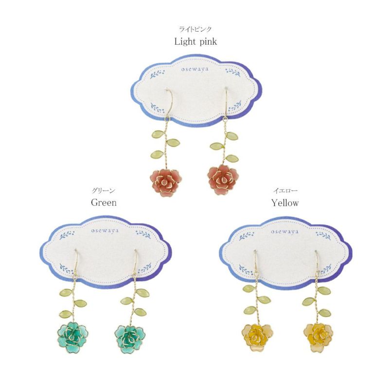 ピアス 薔薇 ローズ リーフ ワイヤーフラワー メタル フックピアス