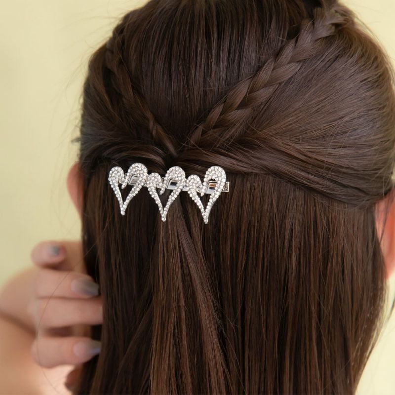 Eヘアアクセサリー ヘアクリップ ニッケルフリー トリプル ハート パヴェ ミニ ストーン