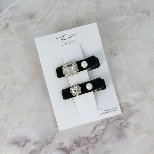 ヘアクリップ Candy Clip ベロア パール ストーン レクタングル 2個セット ミニ クリップ