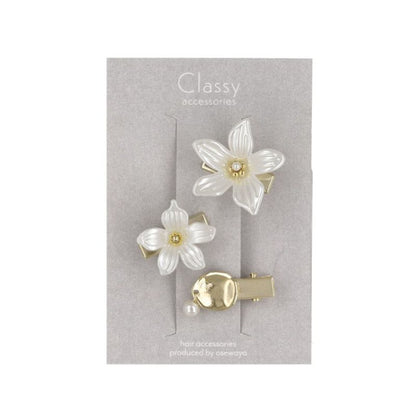 Classy ヘアクリップ ダブル フラワー 花 メタル プレート パール 3個セット ミニクリップ